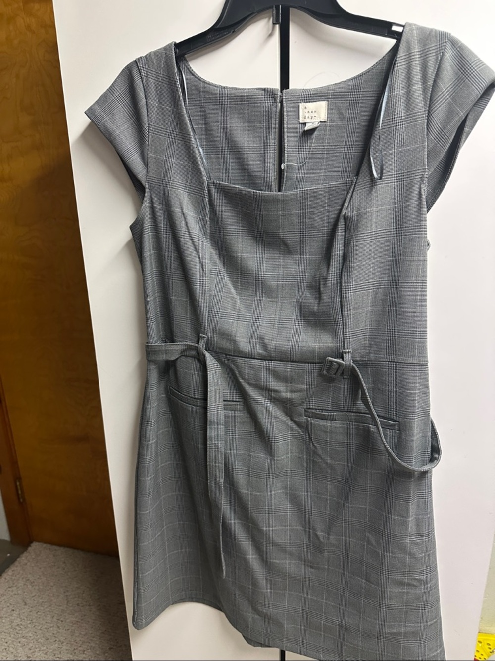 a new day Gray Plaid Midi Sheath Dress with Self-Tie Waist